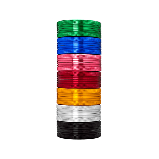 A stack of colorful Meudsa Customs Flat Grinders displayed from a high angle against a plain white background.