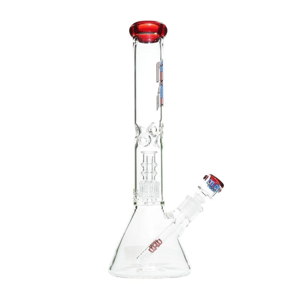 Front view of the M&M Tech Beaker with Chandelier Percolator, showcasing its clear glass construction and intricate internal design.