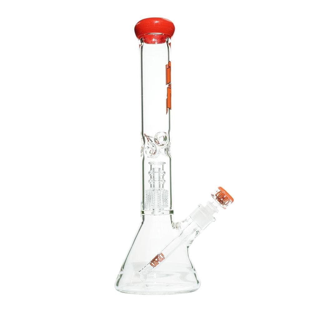 A side view of the M&M Tech Beaker with Chandelier Percolator, showcasing its clear glass construction and internal percolator details.