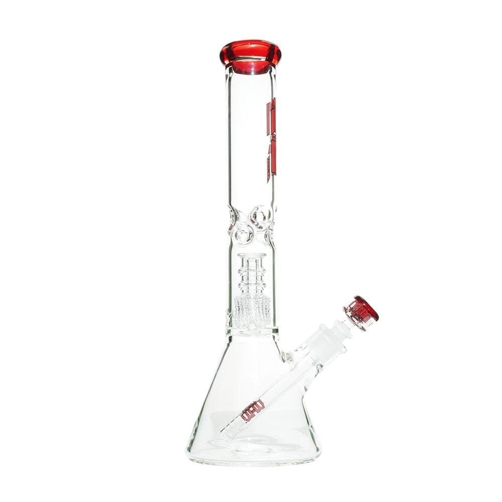 A front view of the M&M Tech Beaker with Chandelier Percolator, showcasing the clear glass and intricate percolator design.