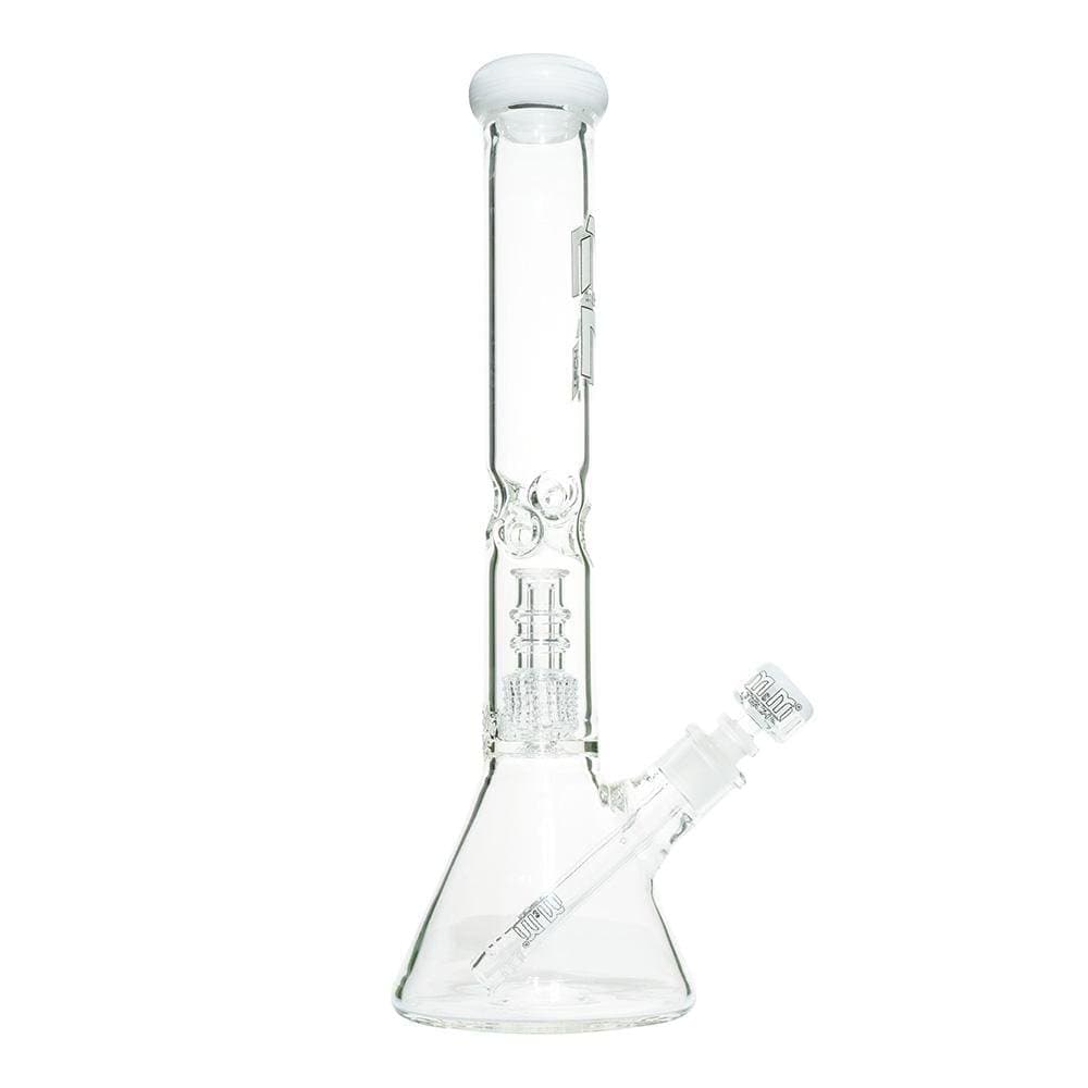 Front view of the M&M Tech Beaker with Chandelier Percolator, showing a clear glass beaker with internal diffusion details.