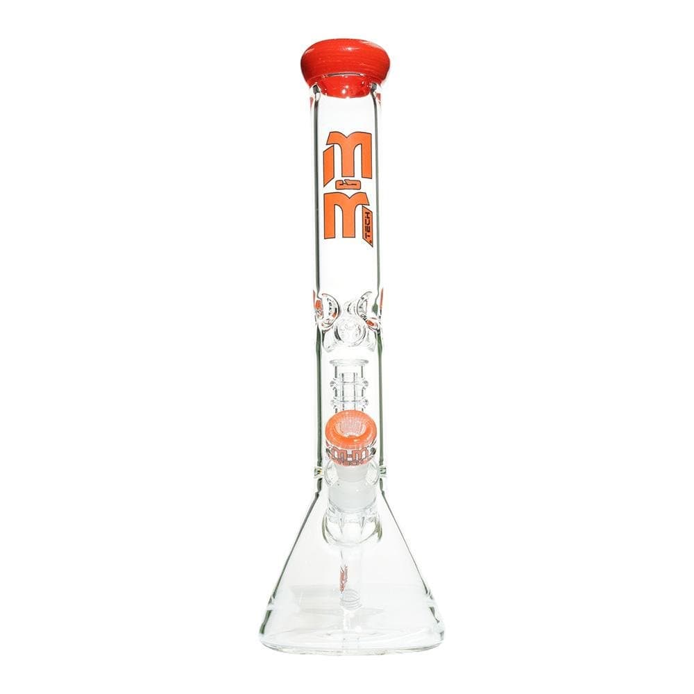 Front view of the M&M Tech Beaker with Chandelier Percolator, showcasing its clear glass construction and intricate internal design.