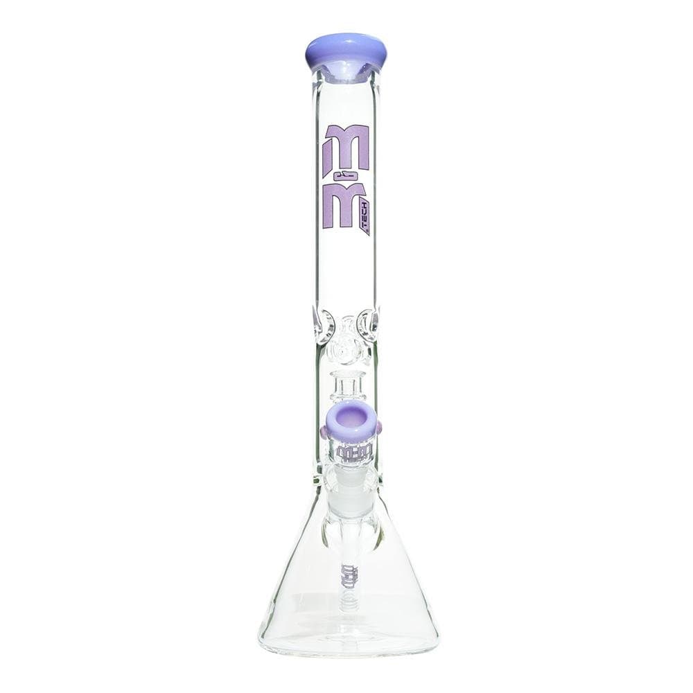 Front view of the M&M Tech Beaker with Chandelier Percolator, showcasing its clear glass construction and intricate internal design.