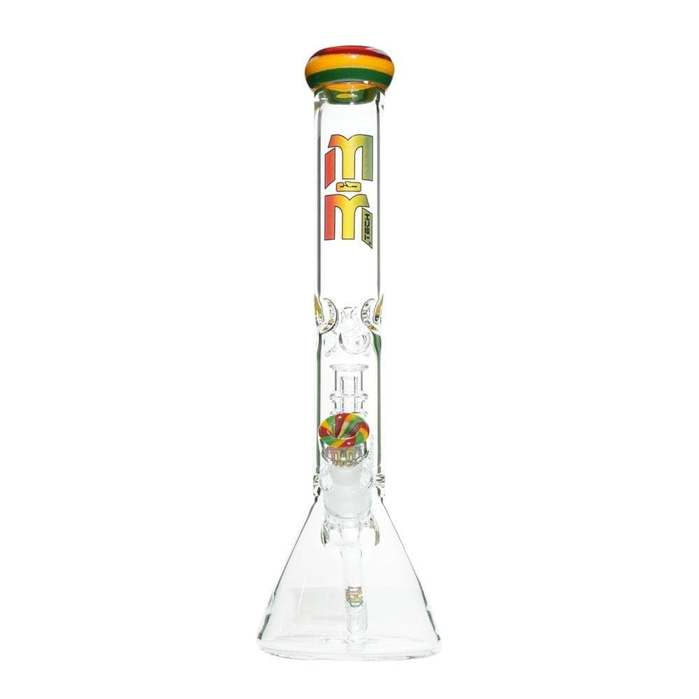 Front view of the M&M Tech Beaker with Chandelier Percolator, showcasing its clear glass construction and detailed percolator design.