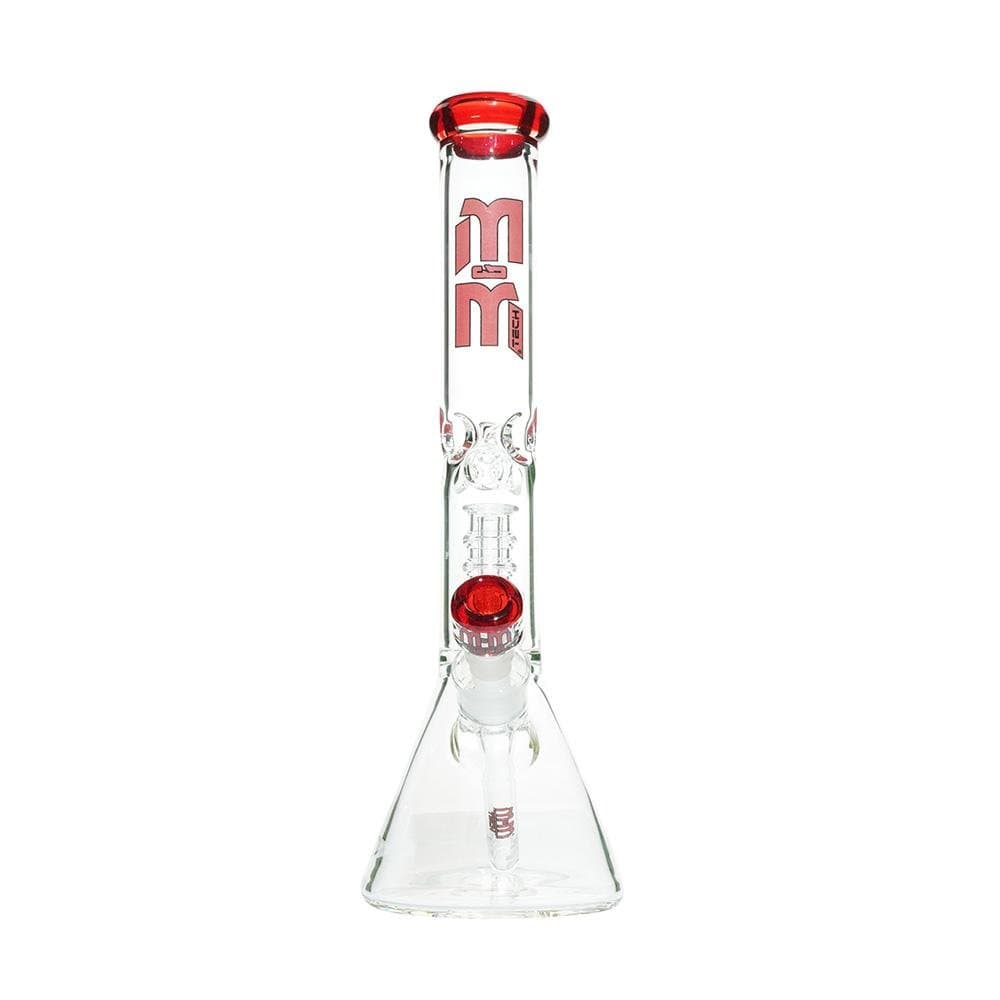 Front view of the M&M Tech Beaker with Chandelier Percolator, displaying the clear glass design and intricate internal diffuser.
