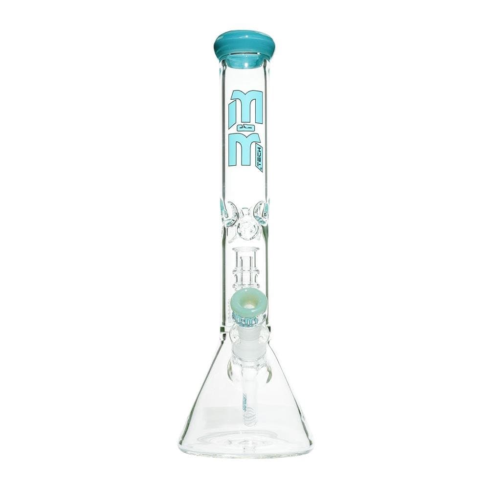 Front view of the M&M Tech Beaker with Chandelier Percolator, showcasing the clear glass and intricate internal diffusion system.