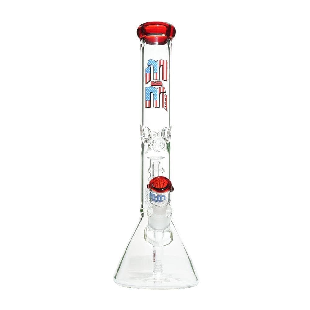 A front view of the M&M Tech Beaker with Chandelier Percolator, showcasing the clear glass design and internal percolator structure.