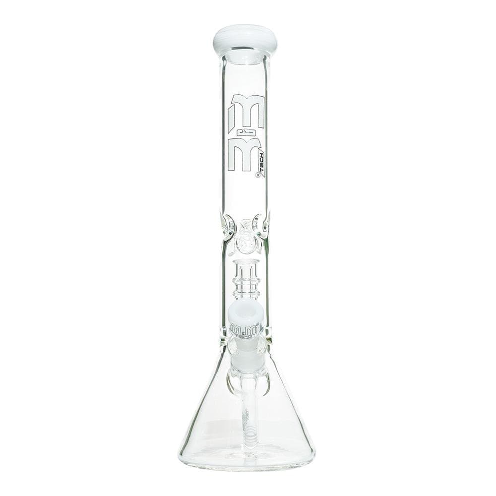 A front view of the M&M Tech Beaker with Chandelier Percolator, showcasing its clear glass construction and intricate internal diffusion system.