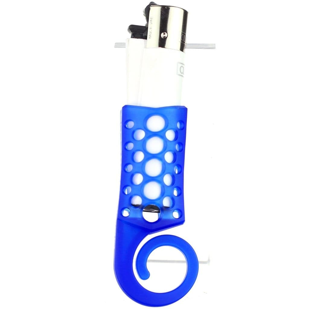 Front view of the DHC Originals x Monkey Tail Lighter Holder, a blue silicone grip securing a lighter within its curved design.