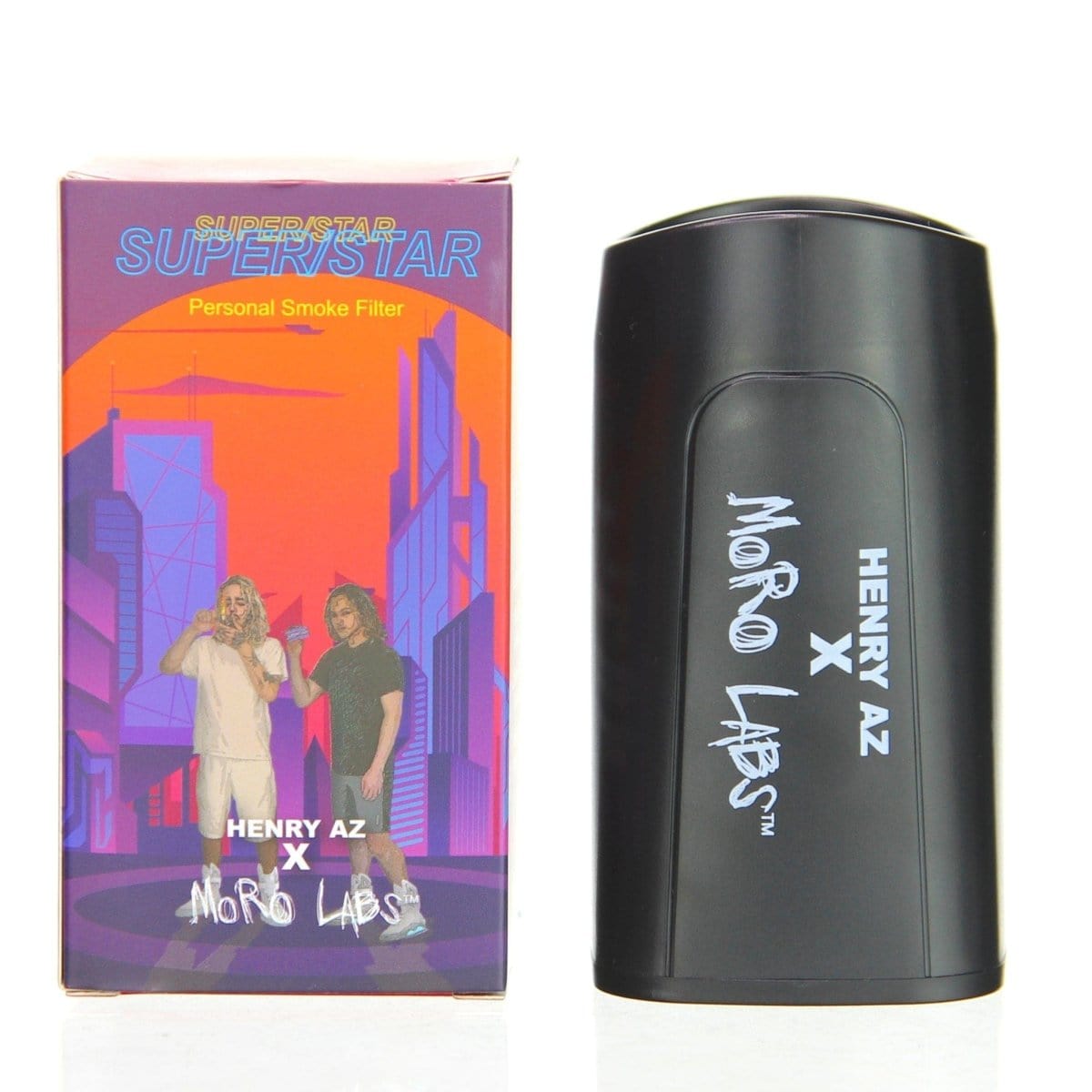Front view of the Henry AZ x Moro Labs Superstar Smoke Filter against a dark background with vibrant, blurred shapes.