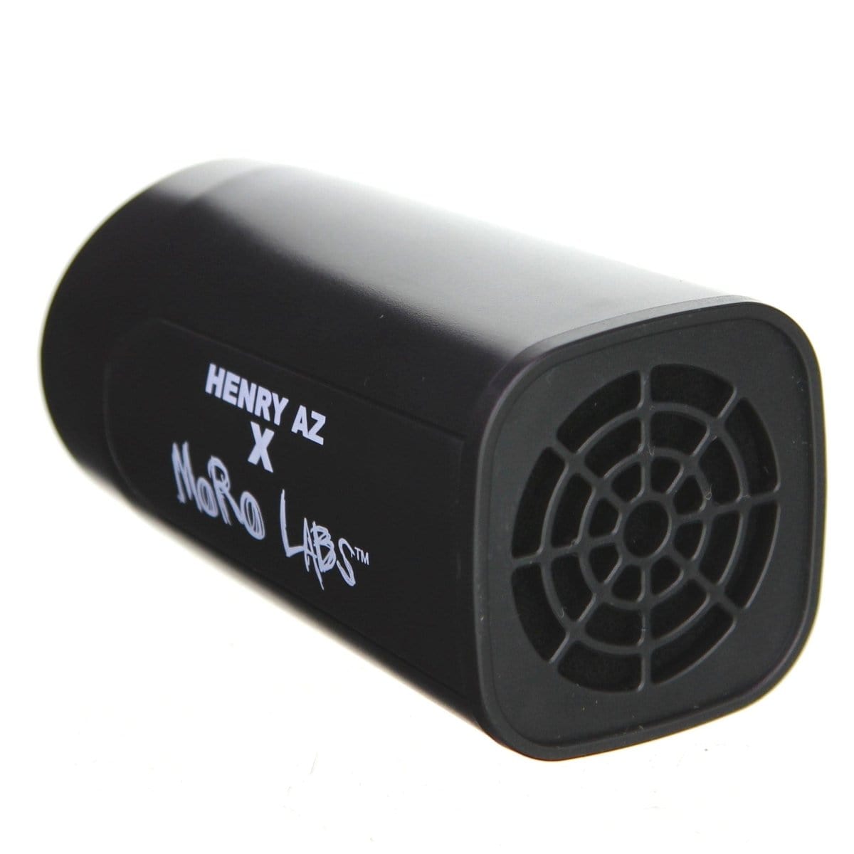 Close-up of the Henry AZ x Moro Labs Superstar Smoke Filter, showing a cylindrical, dark-colored device against a white backdrop.