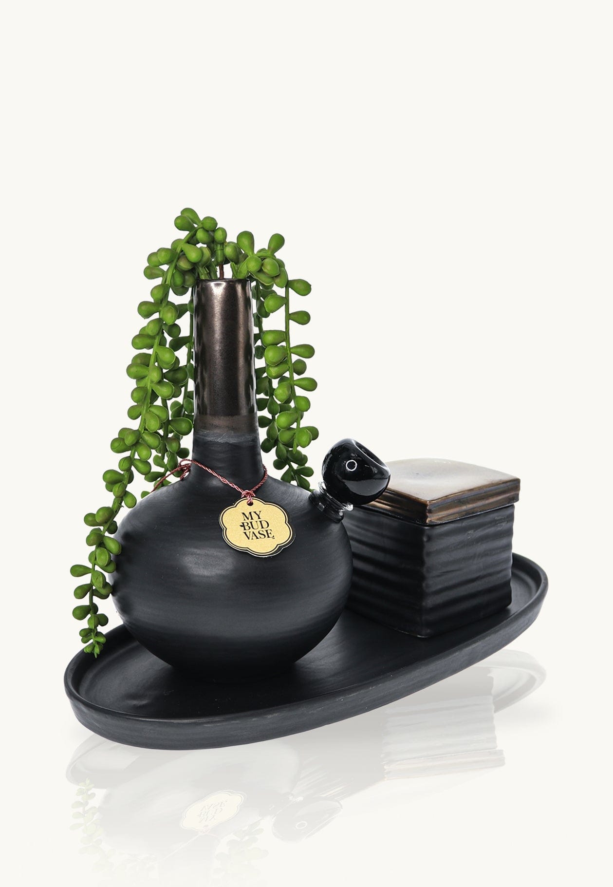 Close-up front view of the DeAngelo black ceramic vase with trailing green faux succulents and a small matching box on a black oval tray