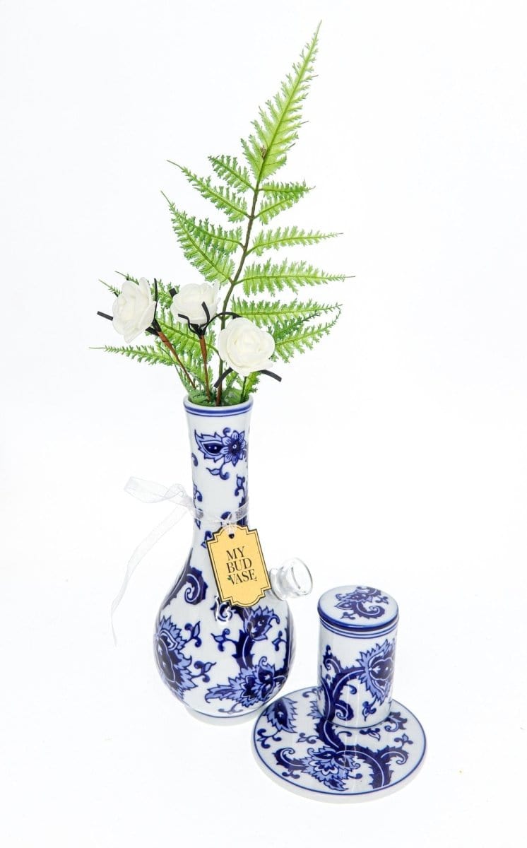 A detailed close-up of the “My Bud Vase “Joy” Chinese Porcelain Vase Bong Set”, showcasing its delicate floral design and ornate base.