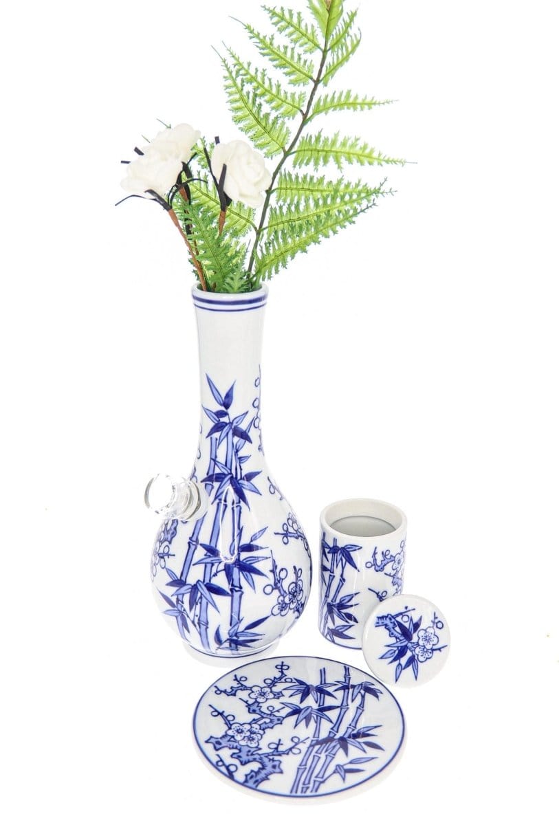 A front view of the “My Bud Vase “Luck” Chinese Porcelain Vase Bong”, showcasing its delicate floral pattern against a white background.