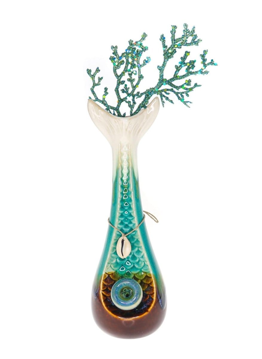 A front view of the My Bud Vase "Mermaid" Water Pipe, featuring a sculpted glass base with blue accents.