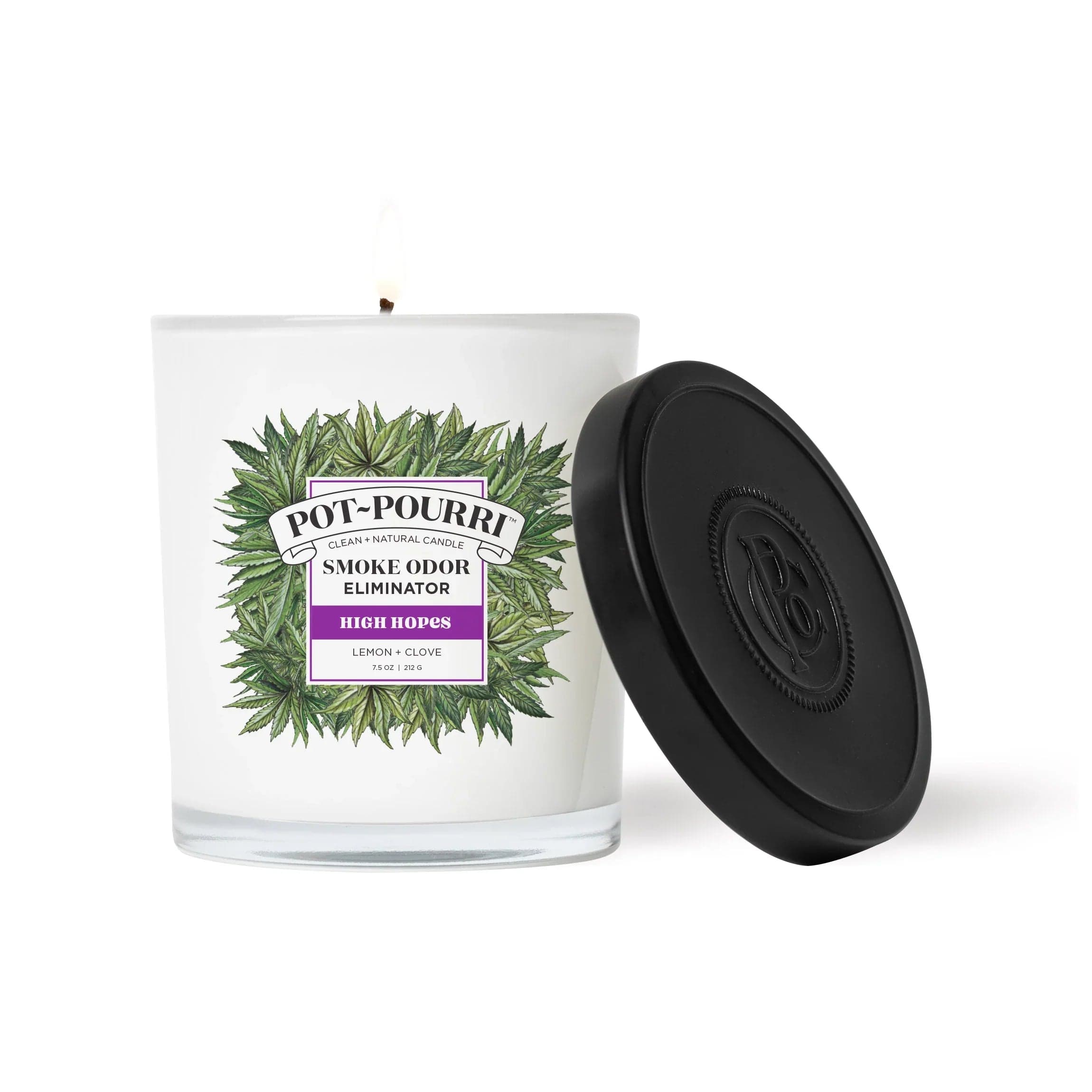 Front view of the Pot~Pourri Smoke Odor Eliminator Candle with a dark label against a plain, bright background.