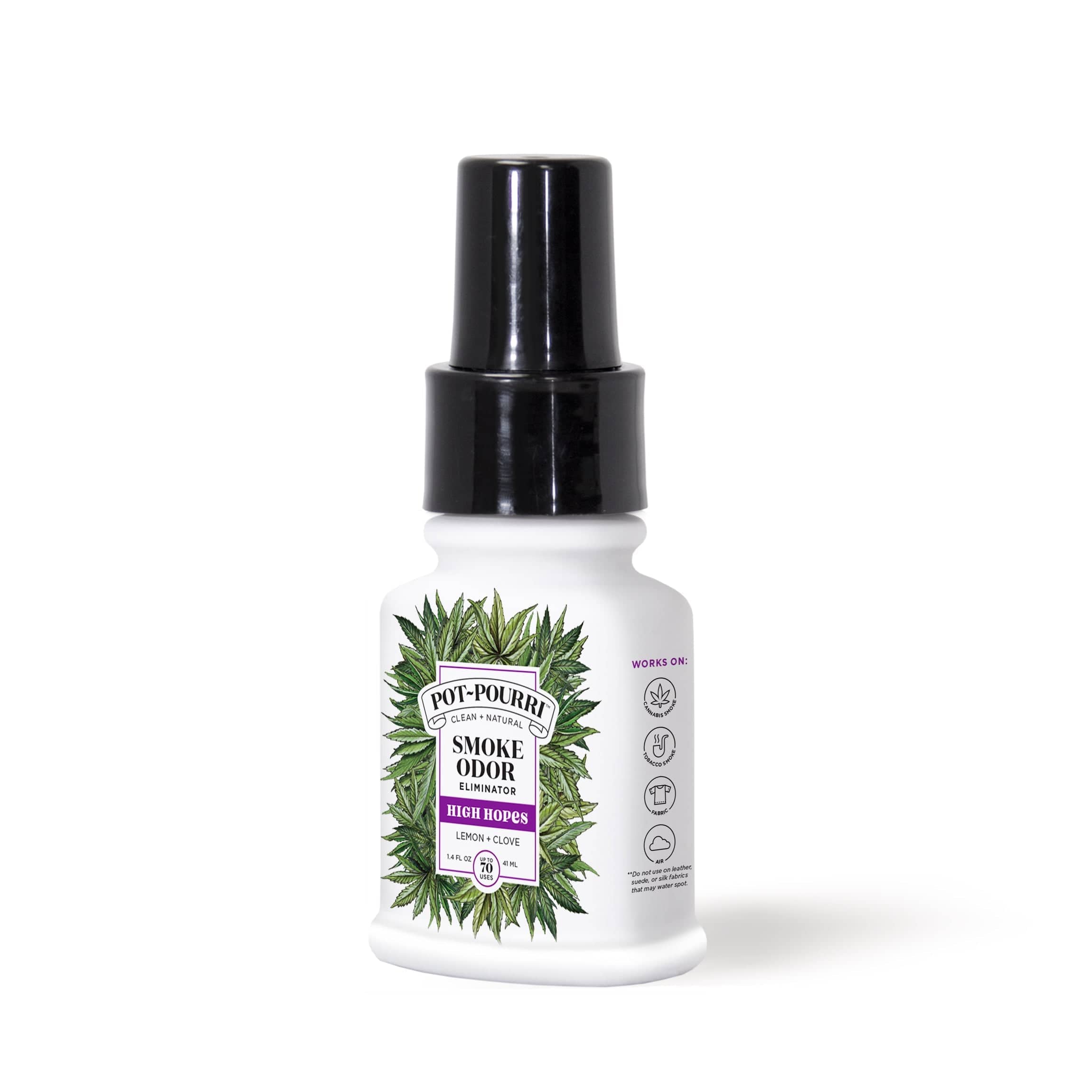 Front view of the 1.4oz Pot~Pourri Smoke Odor Eliminator, featuring a clean white label with floral detailing against a light background.