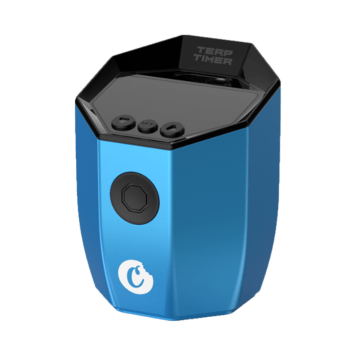 Front view of the Octave Terp Timer, a blue digital timer with a central control knob and a minimalist design.