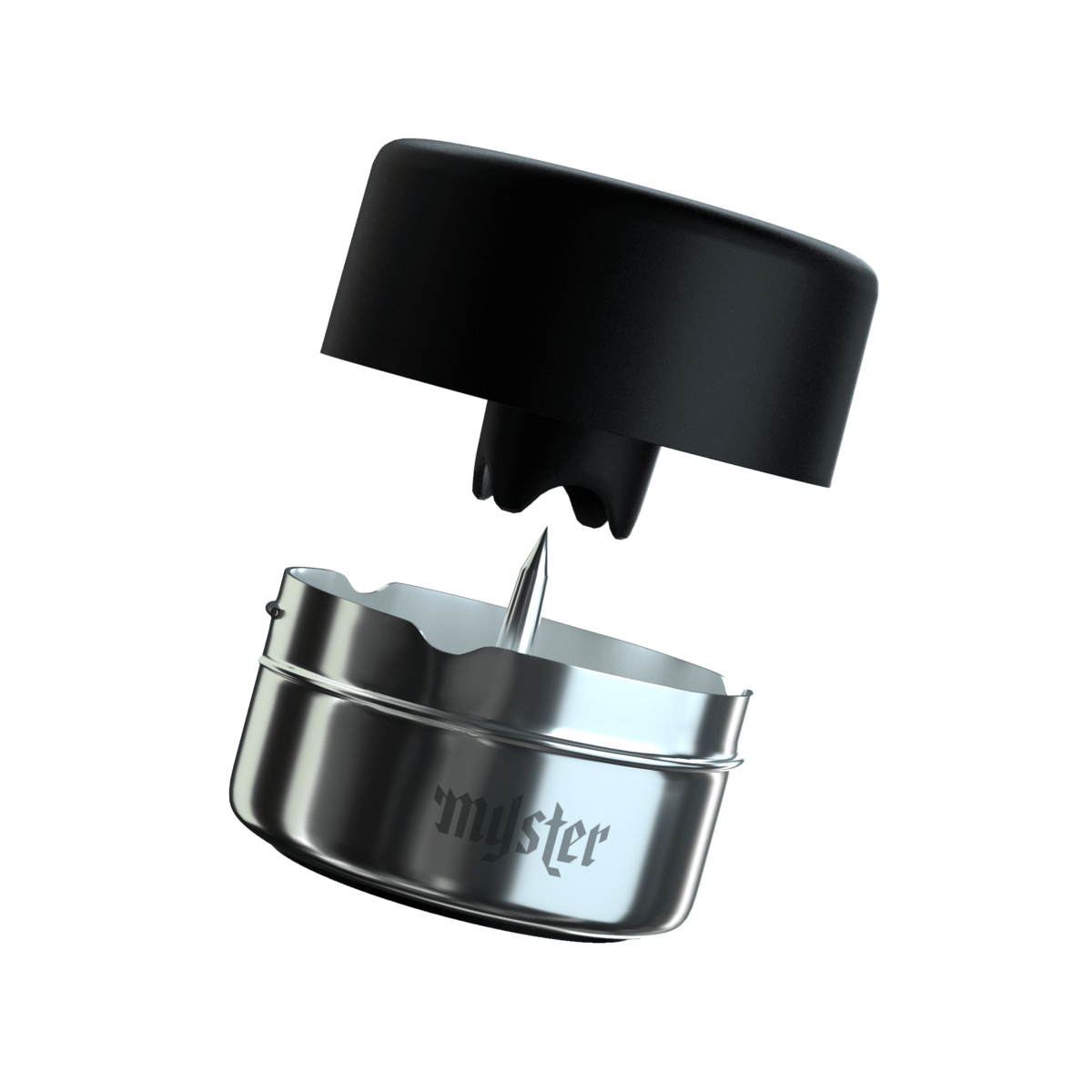 A sleek, top-down view of the Myster Mini Ashtray, featuring a dark, minimalist design.