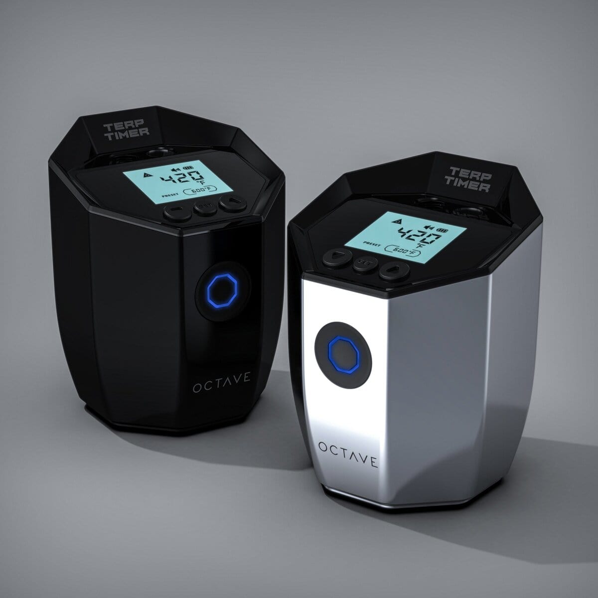 Front view of the Octave Terp Timer with a digital display, angled slightly on a dark, neutral background.