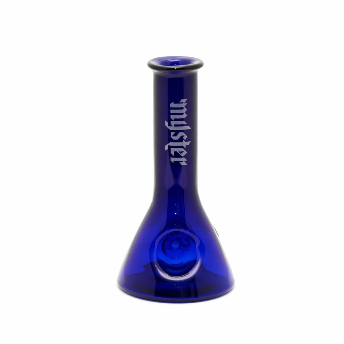 A front view of the Myster Beaker Bowl Glass Pipe, showing the blue glass bowl against a plain white background.