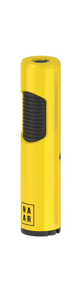 Close-up of the Eyeconic, a black cylindrical item with a visible glossy texture against a plain white background.