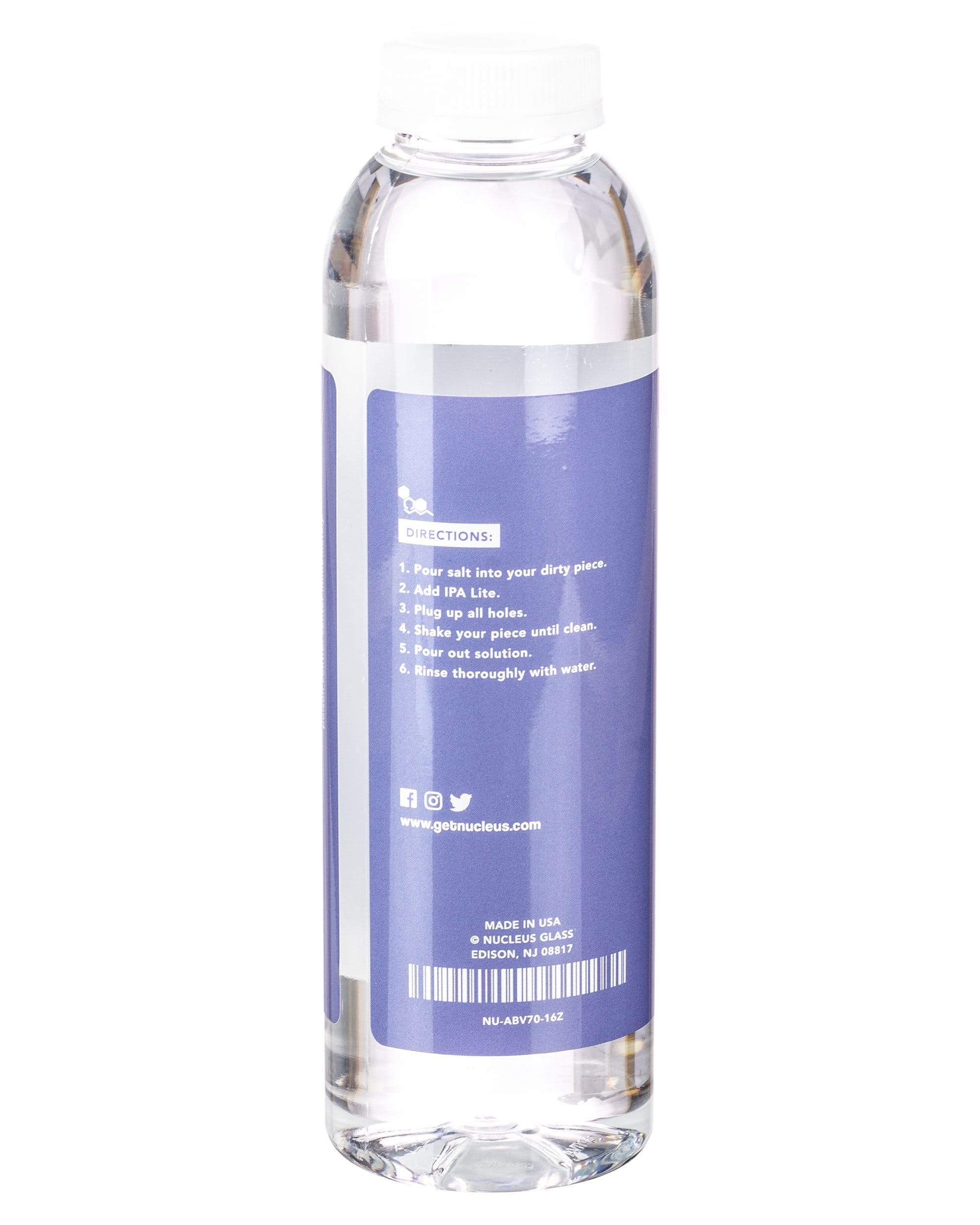 Front view of the Pure Isopropyl Alcohol container with printed directions, a clear plastic bottle filled with liquid.