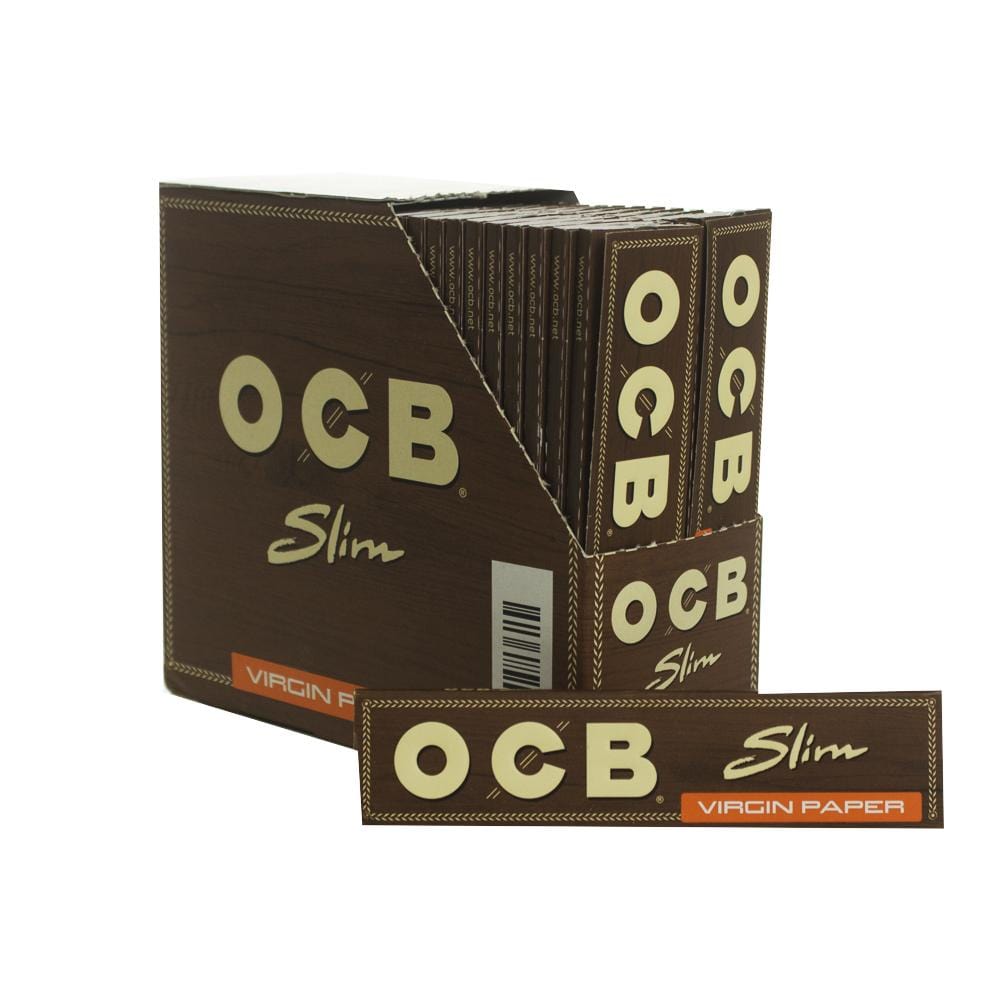 A stack of OCB - Unbleached King Size Slim Rolling Papers is displayed in a slightly angled, close-up shot.