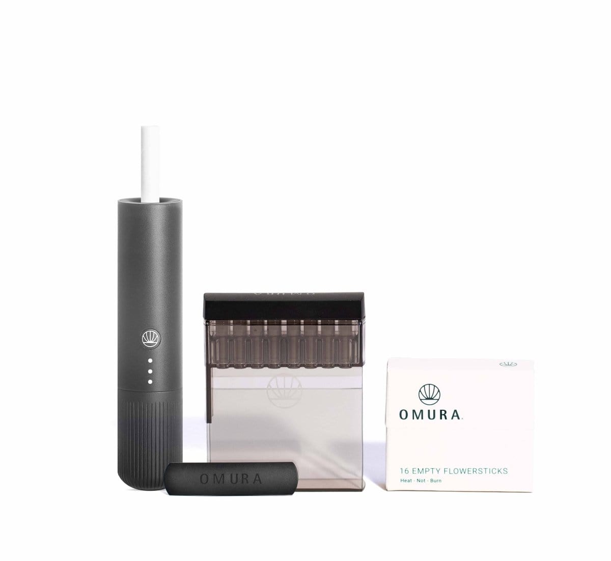 Front view of the Omura Series 1 Complete Bundle, with the sleek device and packaging displayed on a white surface.