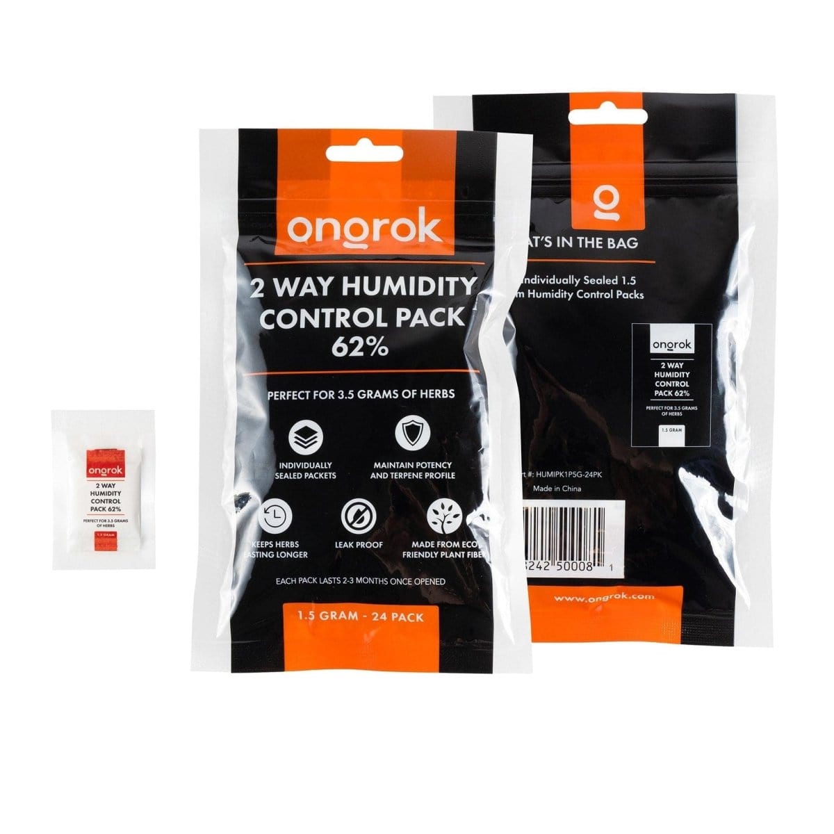A close-up of the 2-Way 62% Humidity Packs packaging, highlighting the brand logo and text details on a white background.