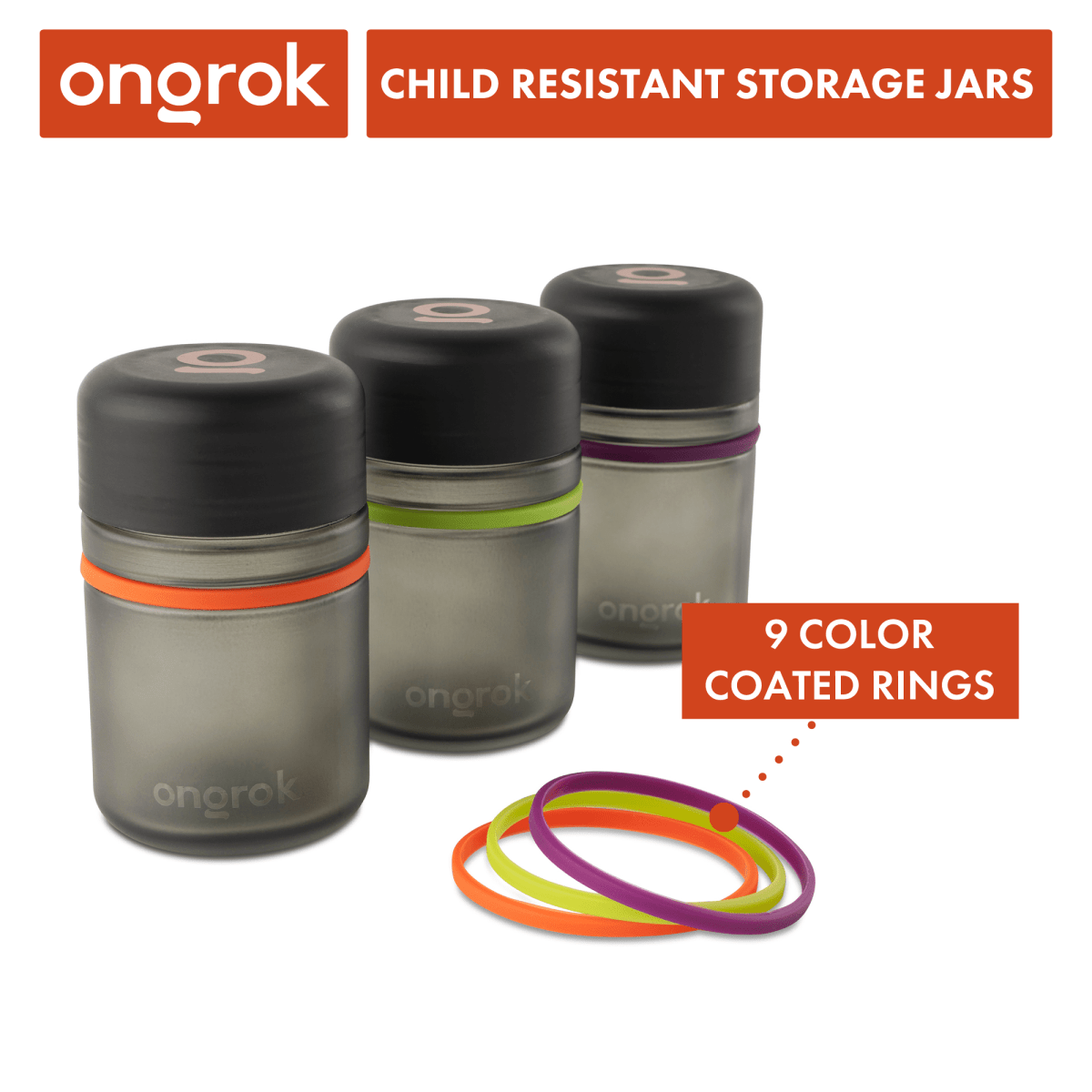 A top-down view of three clear Child Resistant Glass Storage Jars, each with a black child-resistant lid.