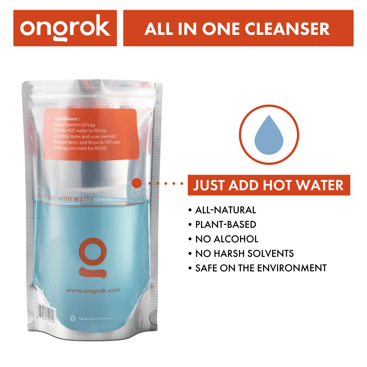 A front view of the Onrok All-in-One Cleaner bag with instructions and a website address, set against a plain white background.