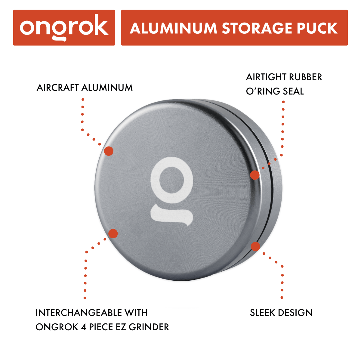 Front view of the Onigrok Aluminium Storage Puck, a sleek, silver container with a circular design.