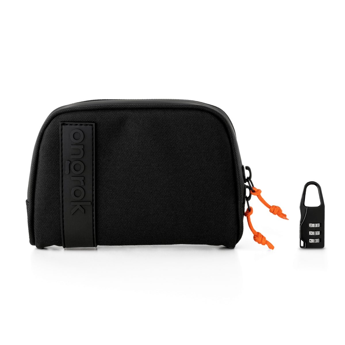 Front view of the Carbon-lined Wallets with Combination Lock V 2.0| a black zippered pouch with a small orange pull tab.