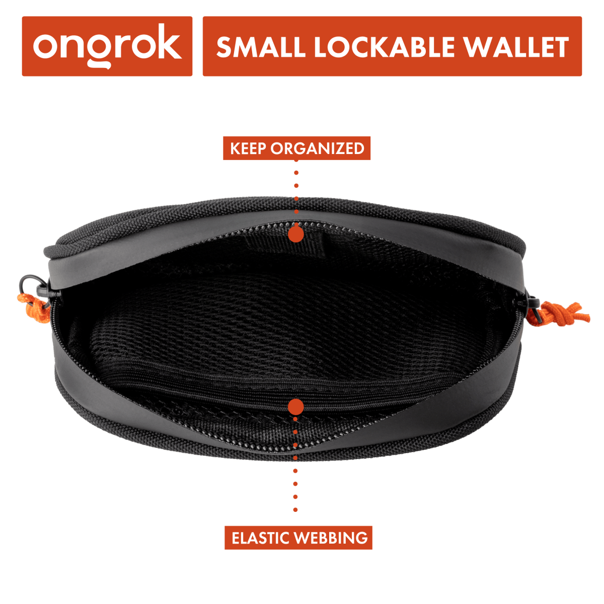 A top-down view of the open Carbon-lined Wallets with Combination Lock V 2.0| revealing a small, black, fabric-lined interior with a bright orange zipper.