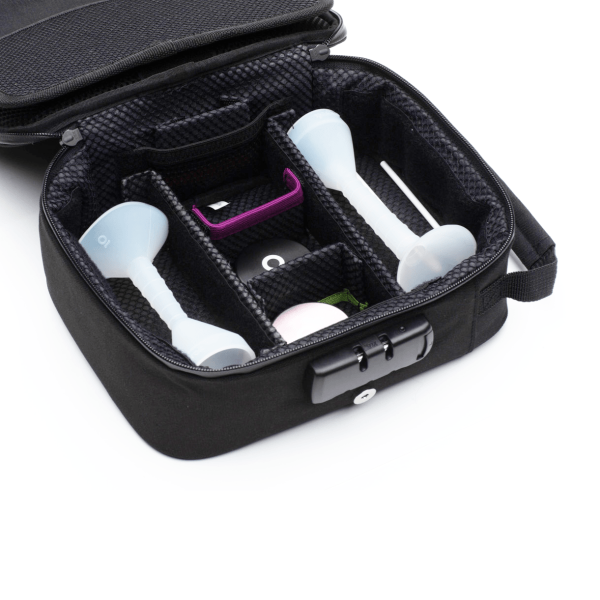 An open case reveals the white Cone Loader inside a black zippered pouch, showcasing its unique, rounded shape.