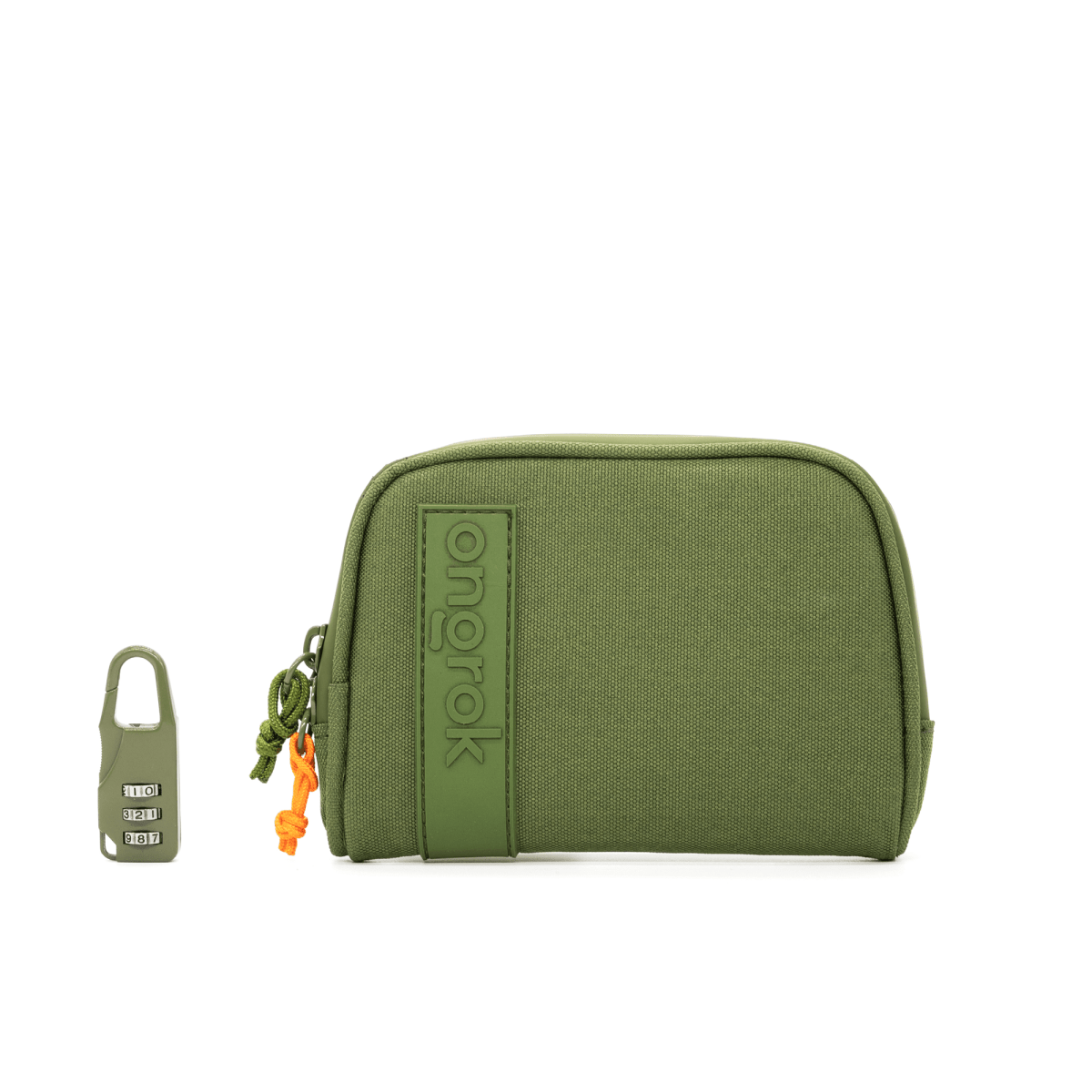 Front view of the Carbon-lined Wallets with Combination Lock V 2.0| a small, dark green wallet with an orange zipper pull.