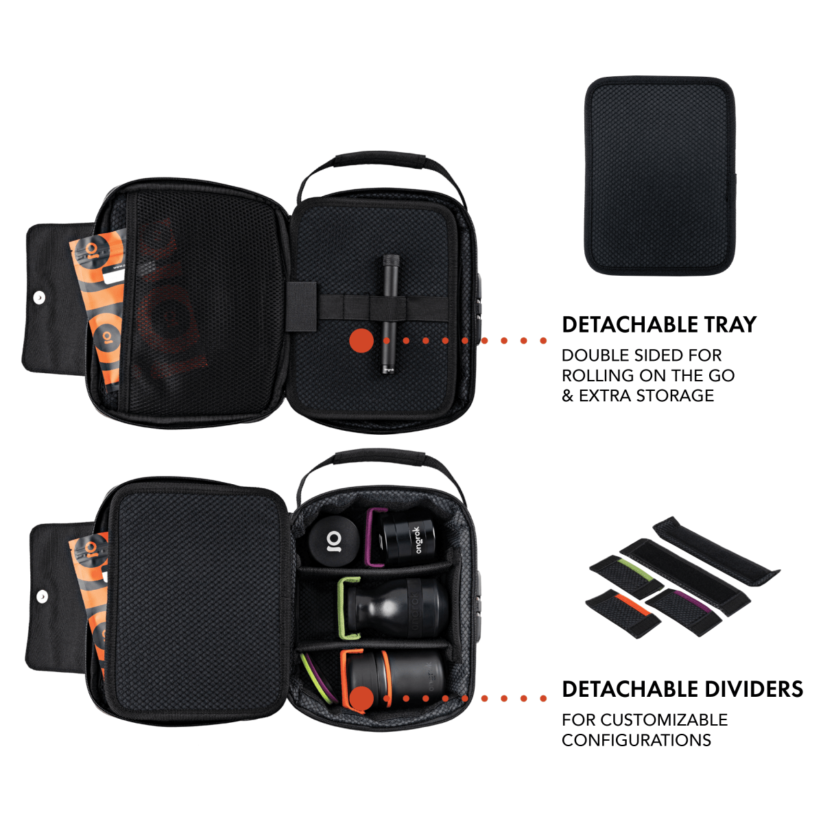 A top-down view of the Large Carbon-Lined Case with Combo Lock open, revealing interior compartments and included accessories.