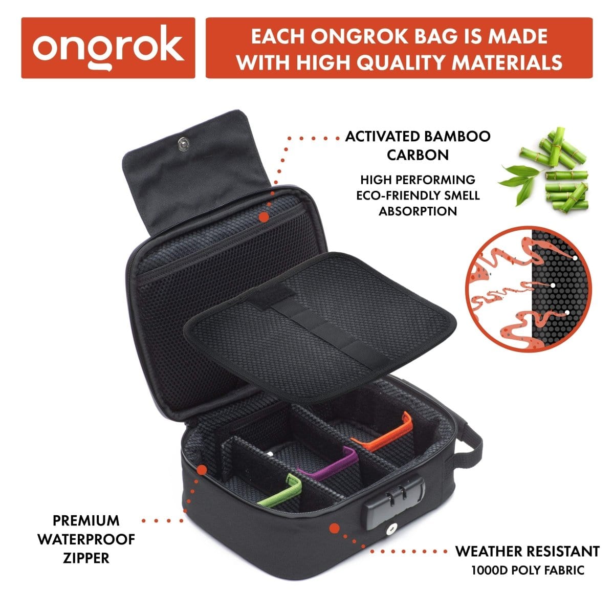 The Onrok Large Carbon-Lined Case with Combo Lock is pictured open, revealing a dark, padded interior and a silver combination lock.