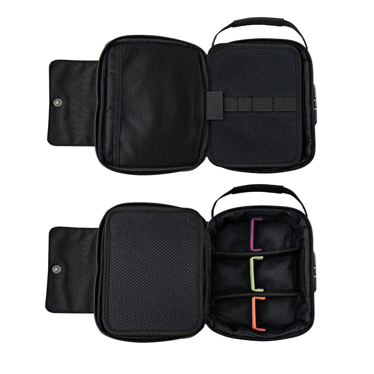 Front view of the Large Carbon-Lined Case with Combo Lock, open to reveal a dark, padded interior with mesh pockets.