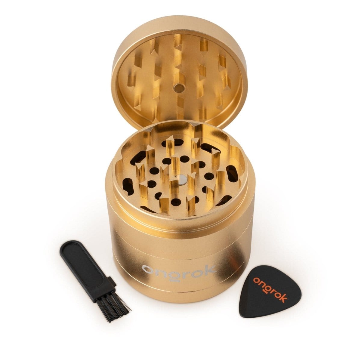 A top-down view of the Premium 4 Piece EZ Grinder, showcasing its four-part metal construction with a visible grinding mechanism.