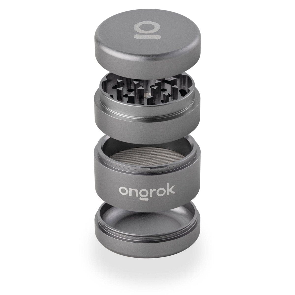 A close-up, angled view of the Premium 4 Piece EZ Grinder, showcasing its four-piece metallic construction.