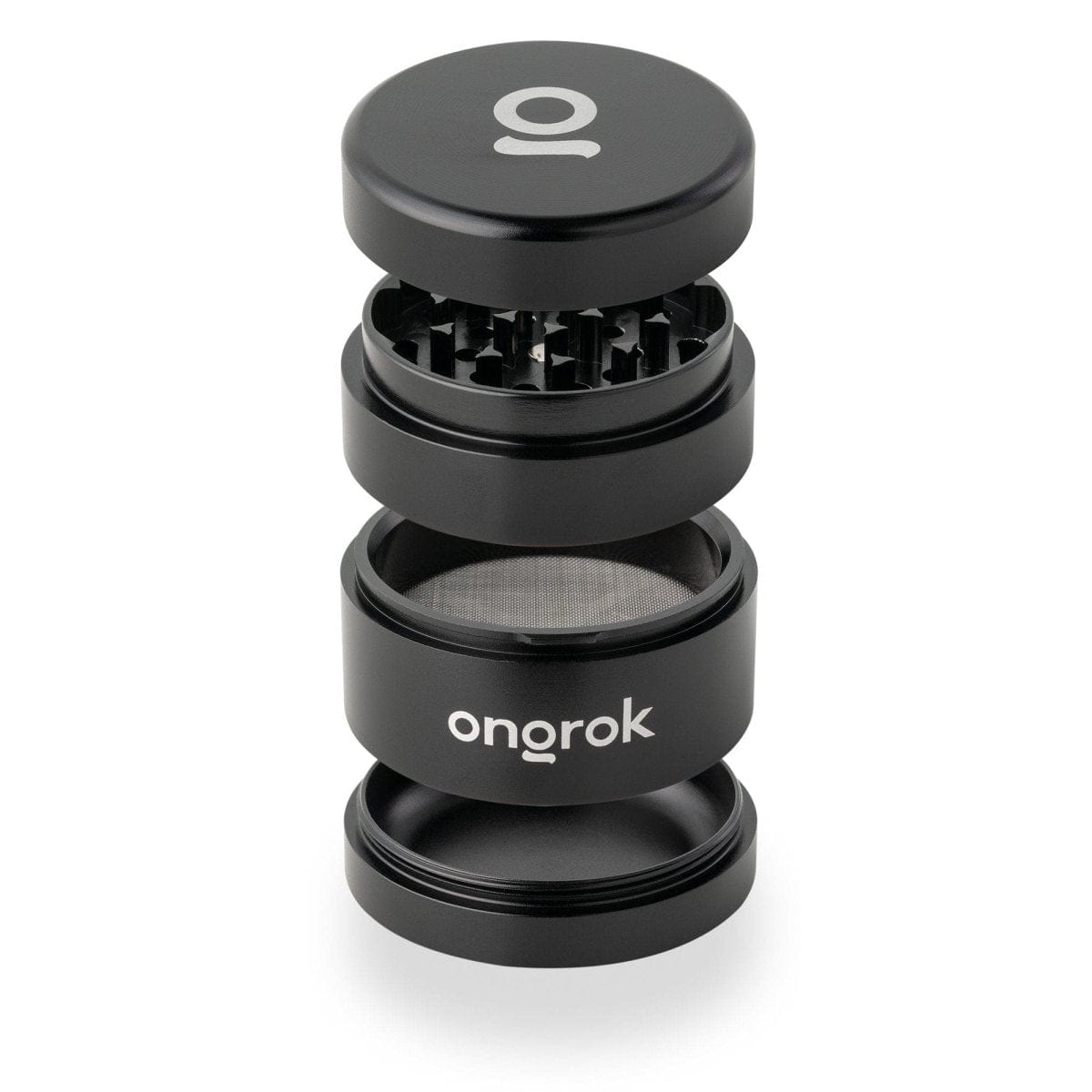 A close-up, angled view of the Premium 4 Piece EZ Grinder, showcasing its four dark-colored sections stacked together.