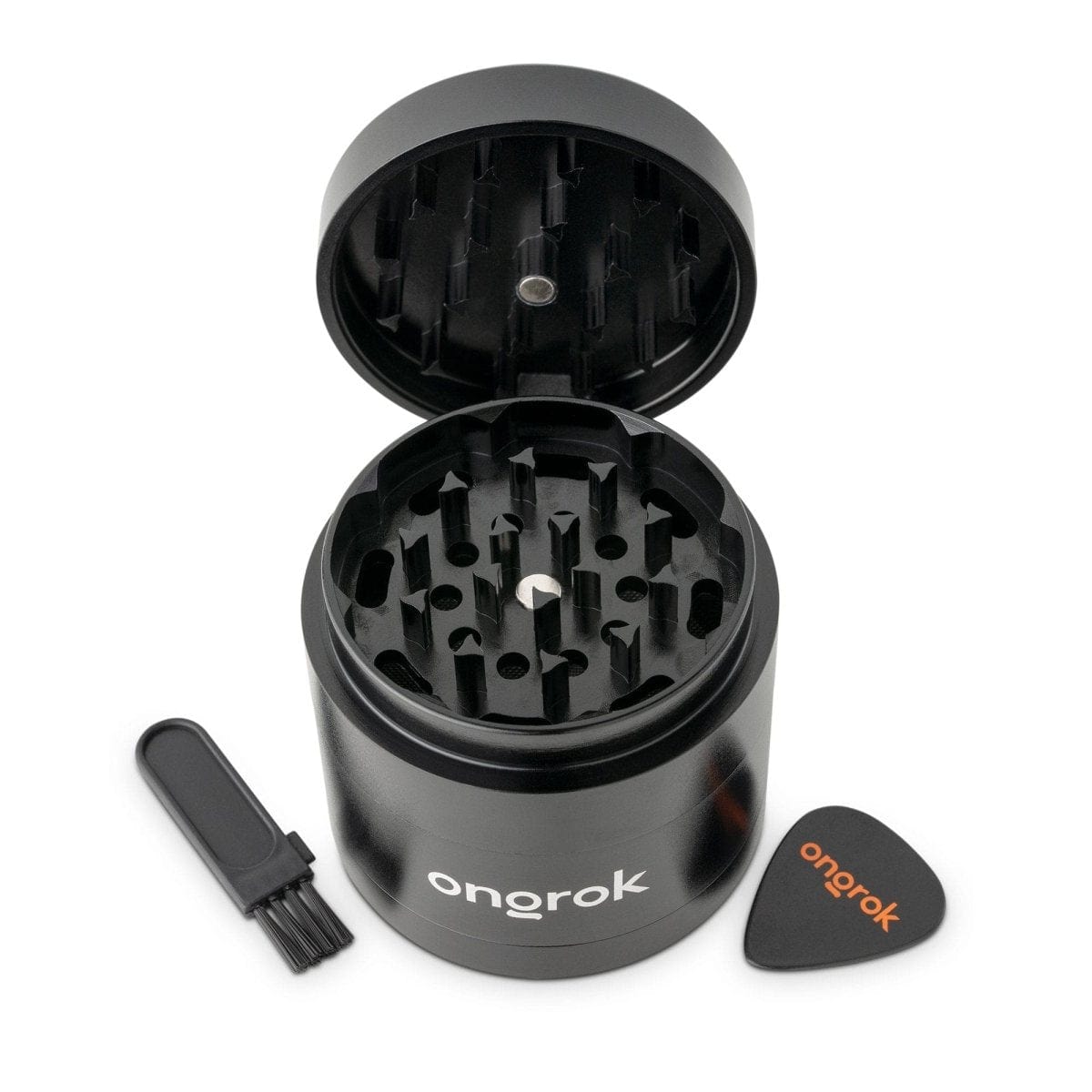 Front view of the Premium 4 Piece EZ Grinder, a metallic grinder with visible teeth and four separate pieces.