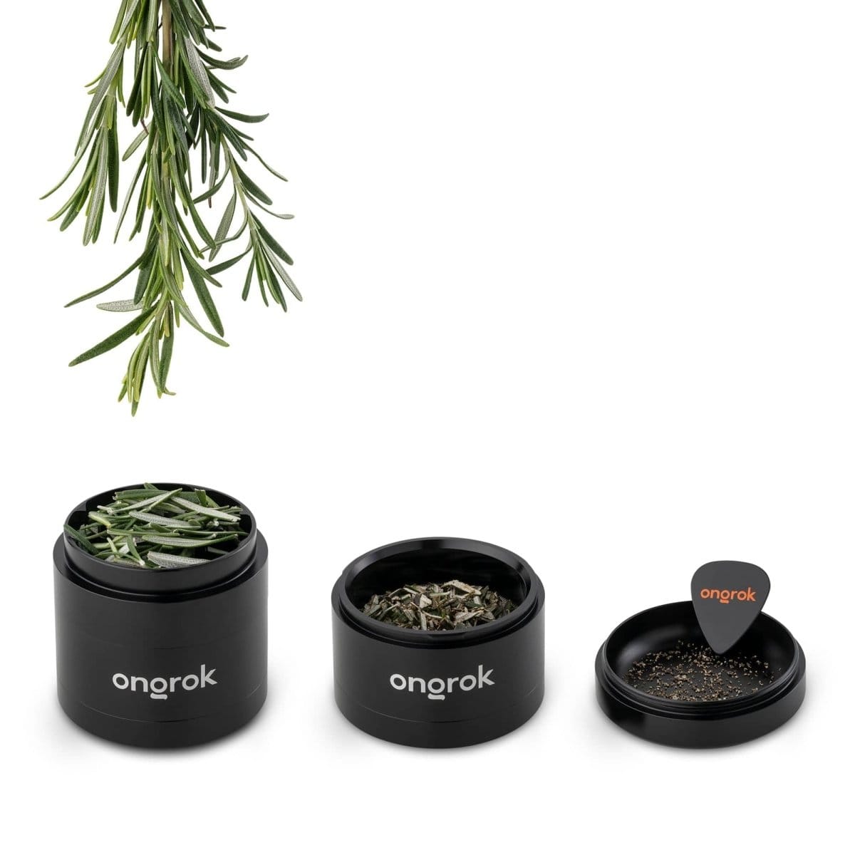 A top-down view of the Premium 4 Piece EZ Grinder, showcasing its four black components arranged on a plain white background.