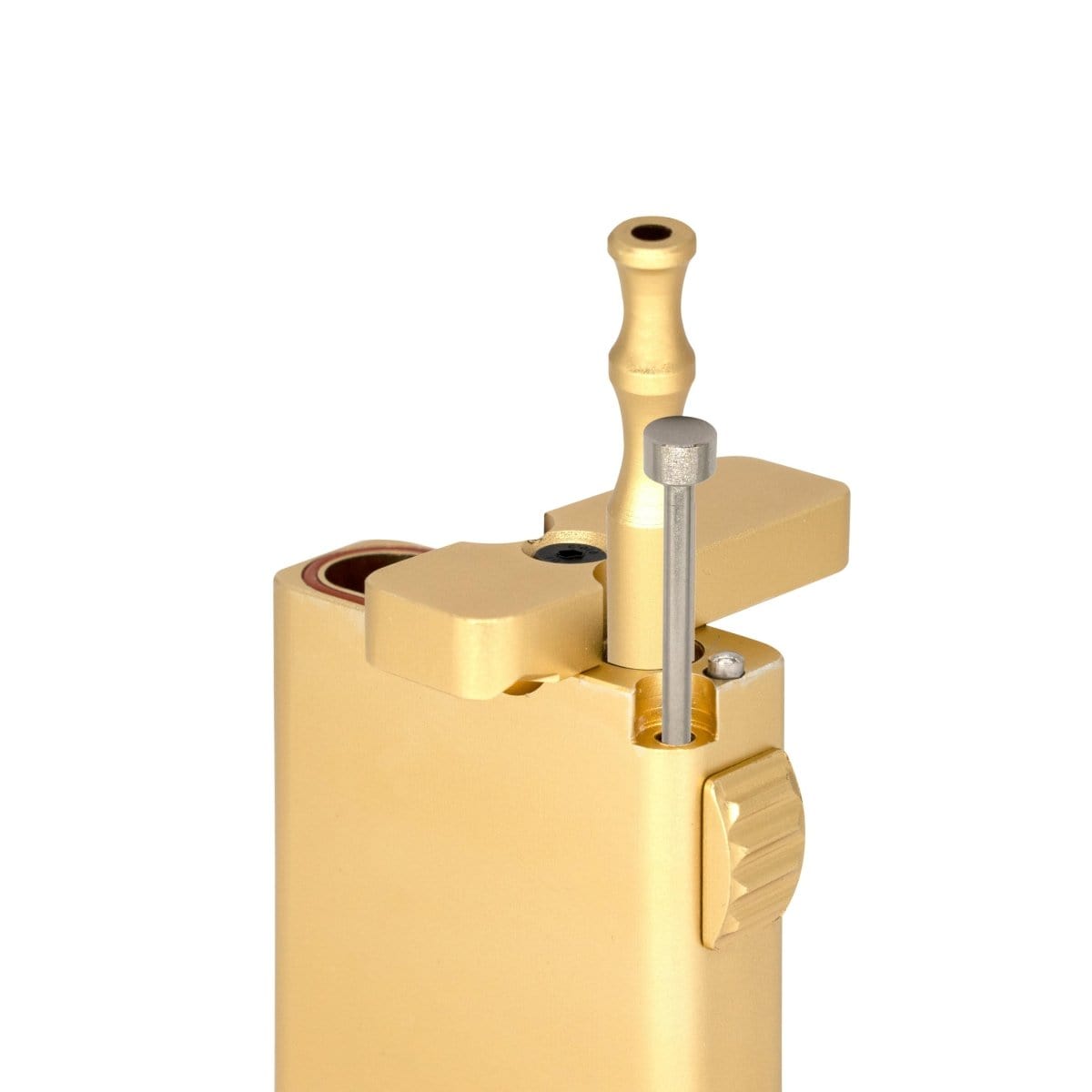 An Aluminum Dugout Pipe shown in a side view, with a metallic finish and a visible internal chamber.