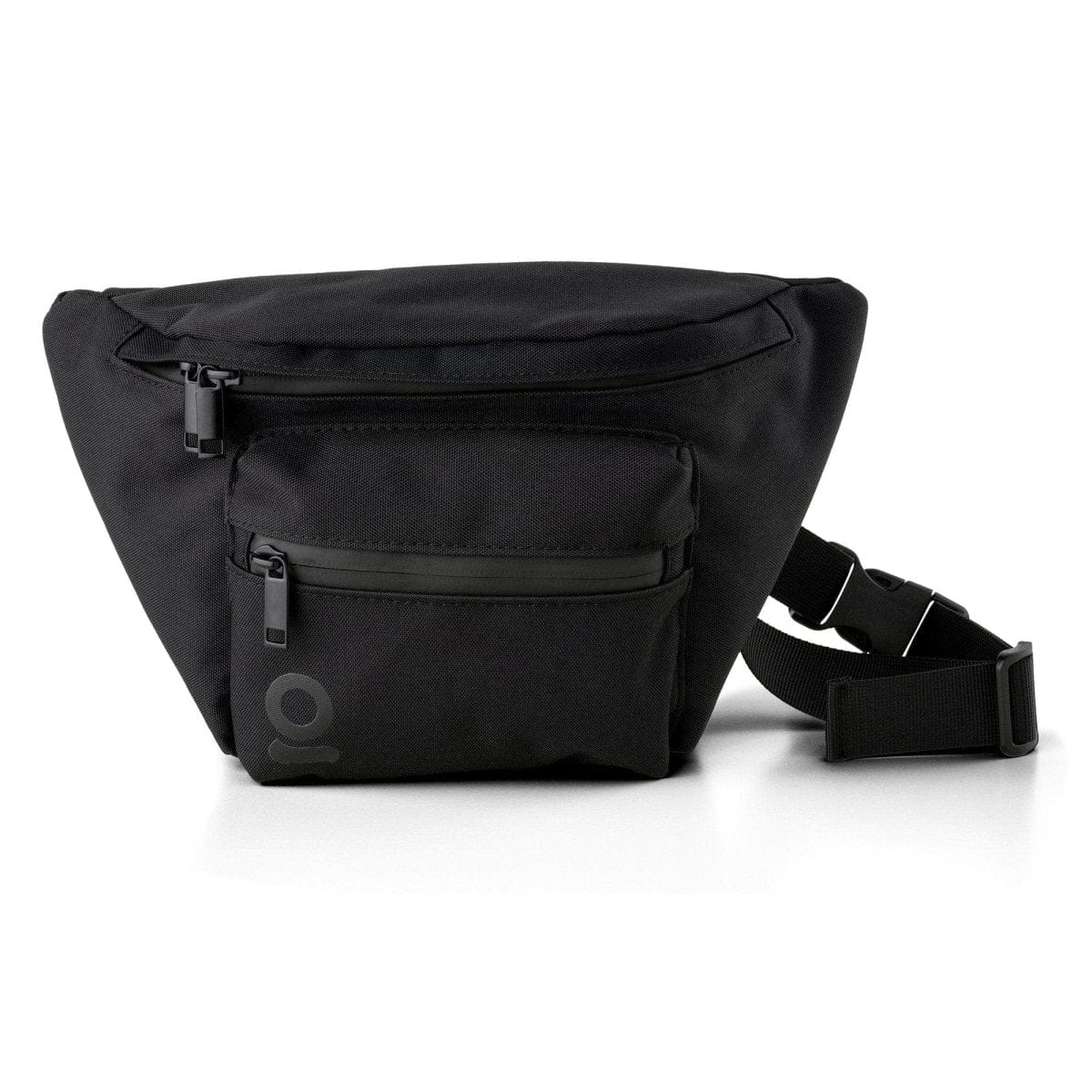 A three-quarter view of the Carbon-lined Fanny Pack / Travel Pouch, showing its dark fabric and adjustable strap against a plain white background.