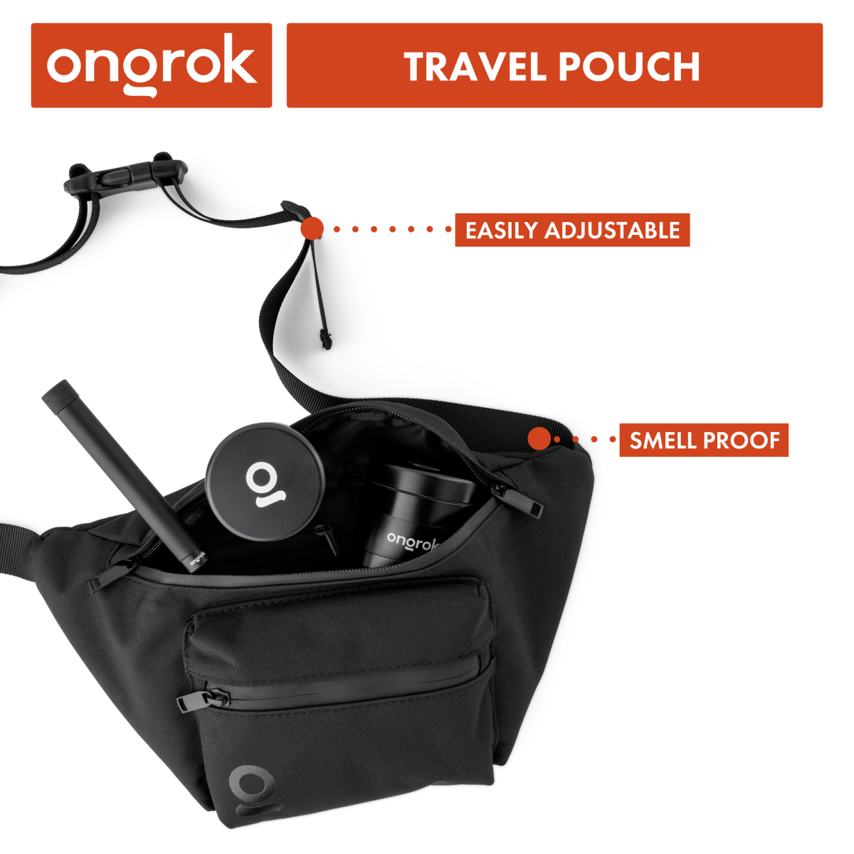 Front view of the Onrok Carbon-lined Fanny Pack / Travel Pouch, a black zippered pouch with subtle branding.
