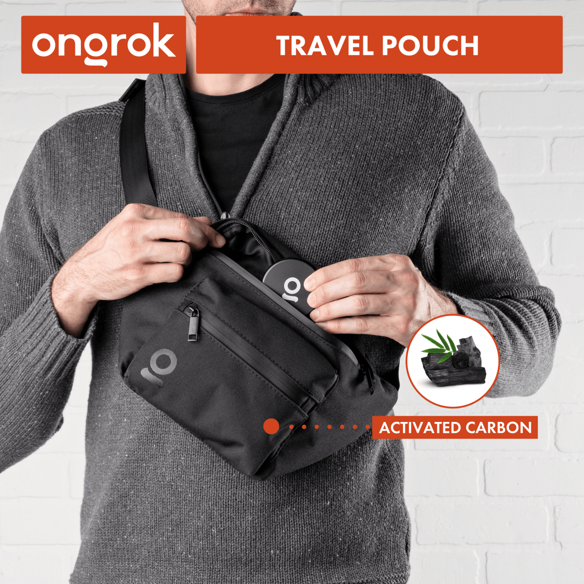 A person wearing the Carbon-lined Fanny Pack / Travel Pouch, viewed from the front and slightly above, against a blurred background.