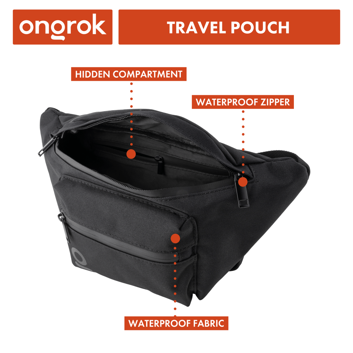The Onorok Carbon-lined Fanny Pack / Travel Pouch is shown in a close-up, angled view with a dark, textured background.